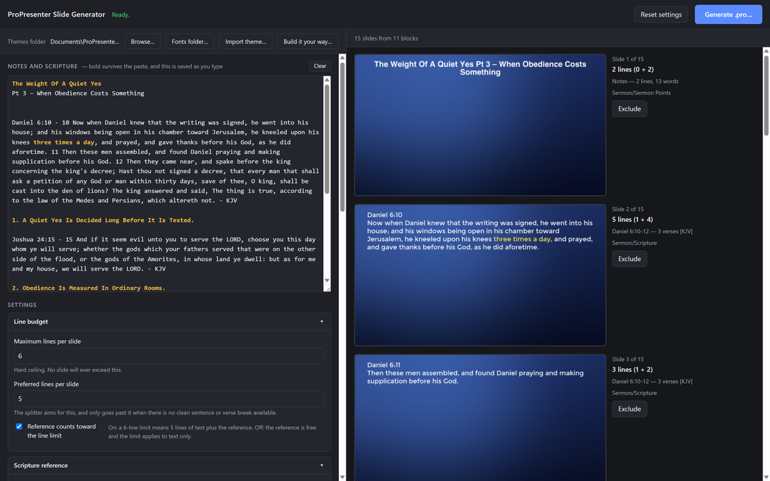 PP7 Generator desktop app turning sermon notes and scripture into finished ProPresenter slides