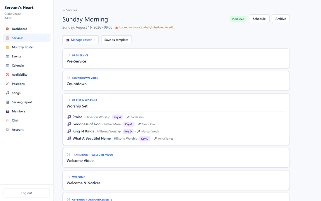 Servant's Heart run sheet — Sunday service order with the worship set and assigned volunteers